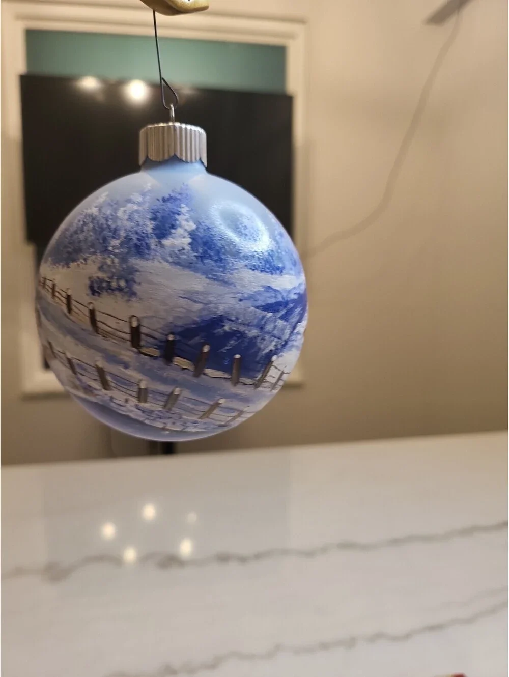 Vtg Glass Hand Painted Signed Ornament EUC Winter Snow Day Farm Scene 3.5” OOAK